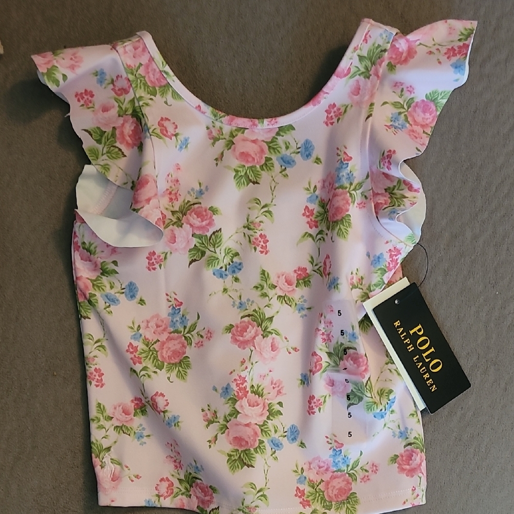 Ralph Lauren Pink and Blue Floral Ruffle Swim Top